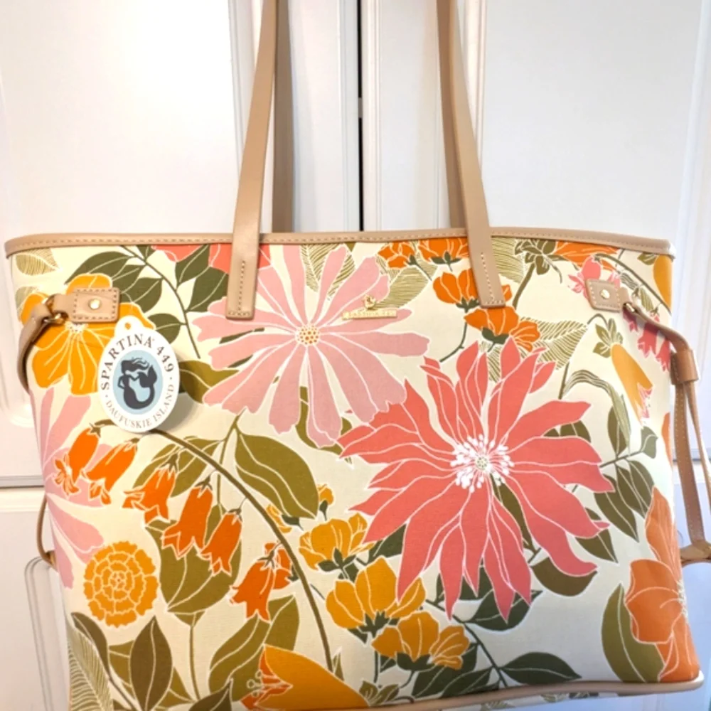 Spartina 449 Pink and Orange Floral Tote Bag with Leather Handles. NWT